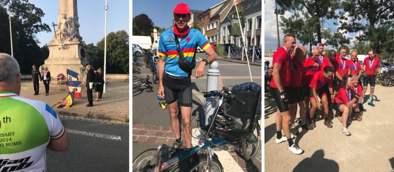 Three pictures. From left to right, the first is a man in a green cycling jersey with back to camera looking at people lowering flags in front of a tall white memorial. The second picture is a man in blue, red and yellow cycling gear standing next to a recumbent bike on path outside. The last picture is a group of cyclists in red jerseys with medals around their necks posing in a group for a camera outside.