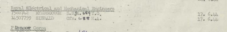 Extract from a document, typed with handwritten additions, listing two names and details. Date shows 17.6.1944.