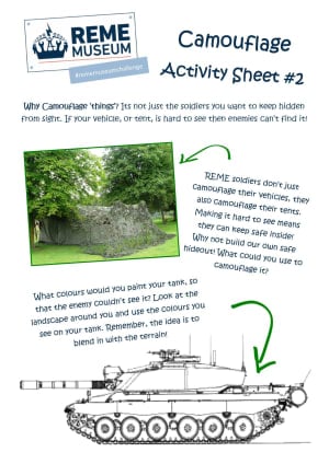 Activity sheet about camouflage with outline of a tank and text on white background.