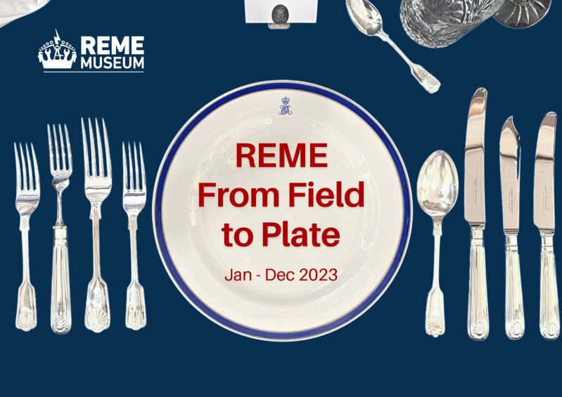 Overhead picture of a dining place setting, with plate, cutlery and glasses. Blue background. Red text overlaid on plate reads REME From Field to Plate, Jan - Dec 2023.