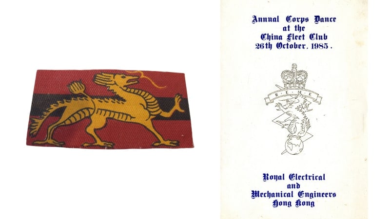 Badge of HQ Land Forces Hong Kong showing dragon and menu from 50 Hong Kong Workshop with dragon replacing the horse in the REME cap badge
