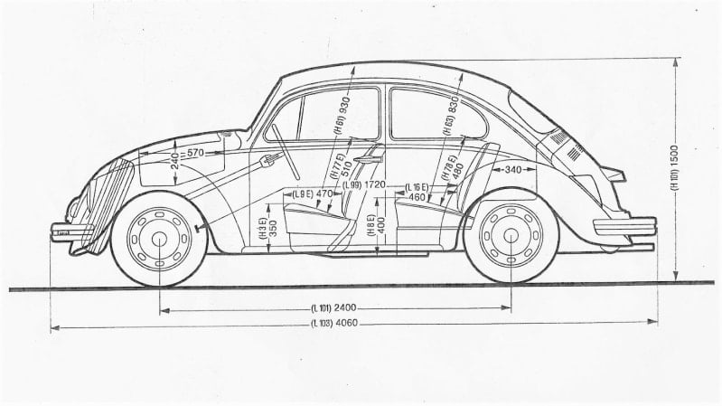 Cross section drawing of a VW Beetle. Arrows and measurements drawn on.