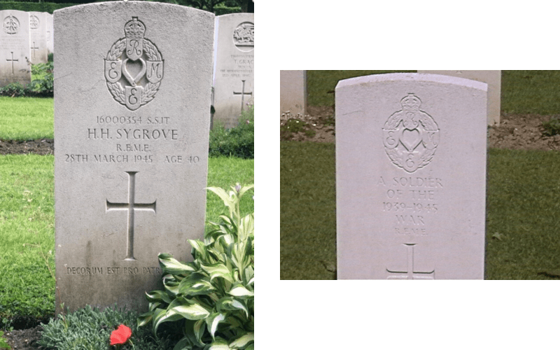 Two images of white CWGC headstones with cross inscriptions.