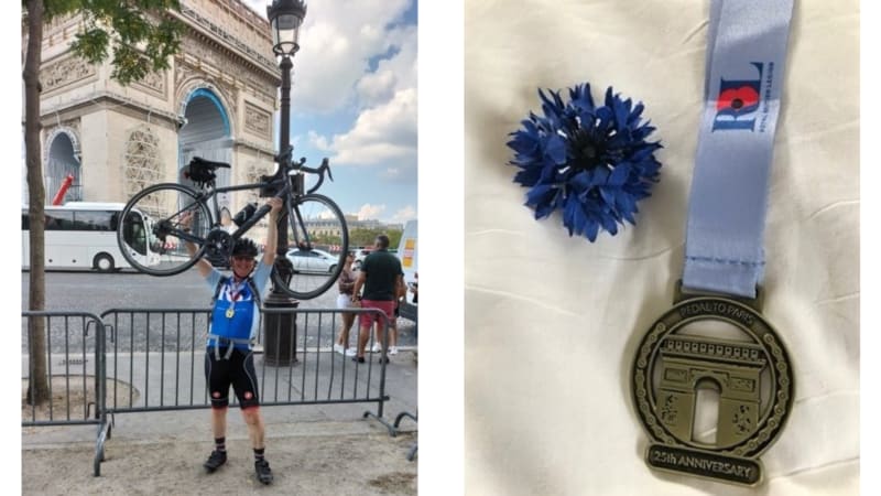 Two pictures. From left to right, the first is a man in a blue cyling jersey holding a bike above his head. Arc de Triopmhe in background. The second picture is a close-up of a circular golden medal with the Arc de Triomphe shape inside. Inscription reads " Pedal To Paris " at the top, and " 25th Anniversary " at the bottom. Blue ribbon on medal and dark blue pom pom next to medal.  