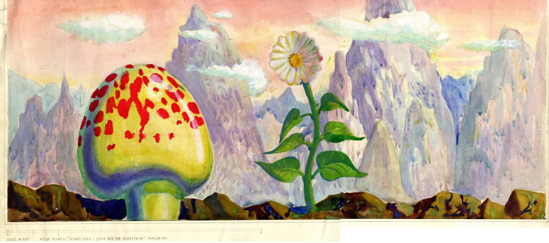 Colourful painting of a red and yellow spotted mushroom and daisy in some soil in the foreground. Mountains and clouds painted in the background. 