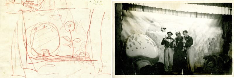 Two images. From left to right, the first is a sketch in red of a large flower and mushroom inside a square. The second image is a black and white photo of three actors on a small stage with a large mushroom painted on the scenery behind.