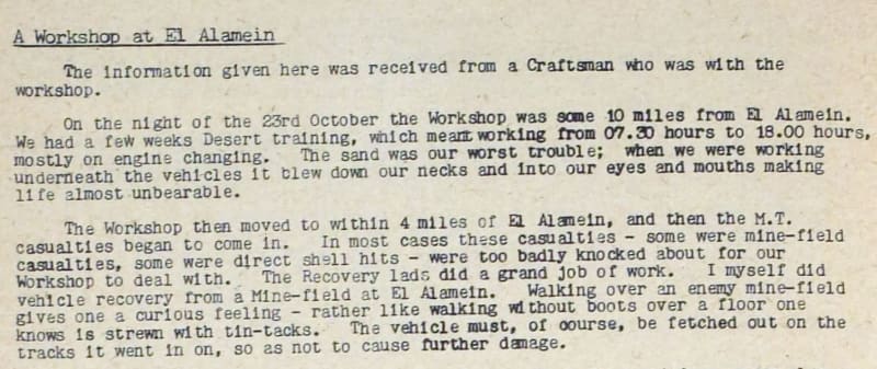 Typed document extract entitled "A Workshop at El Alamein".