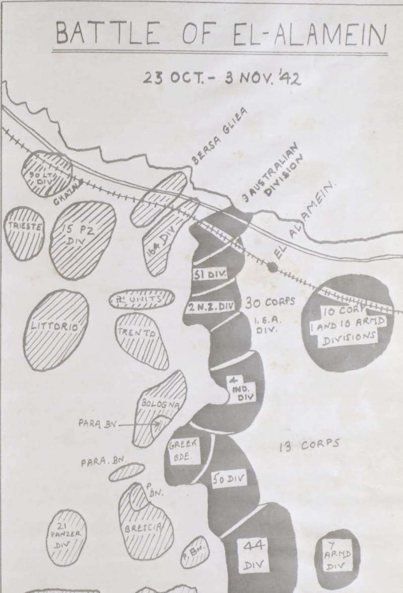 Map of the Battle of El Alamein showing unit positions and a trainline.