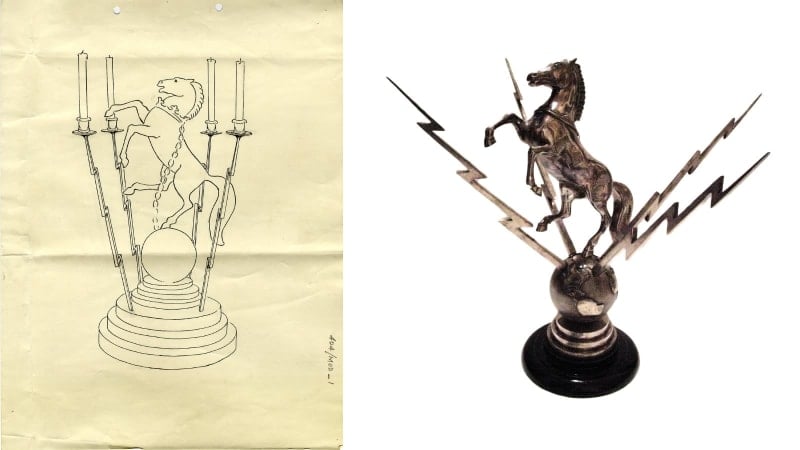 Two images, on the left a sketch of a horse and candle sticks on four sides, on the right a statuette of a horse with lightning bolts on four sides.