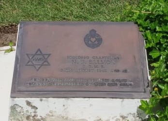 Memorial stone, brass metal, with first pattern REME cap badge and Star of David, reads details of N. F. Salmons service.